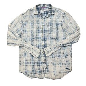 Tommy Bahama Mens White & Blue Plaid Long Sleeve 100% Linen Button-Down Shirt Si